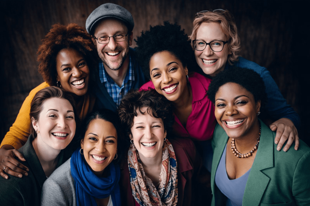 smiling adults standing closely together, diverse in age and ethnicity, captured in unity.