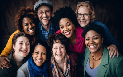 smiling adults standing closely together, diverse in age and ethnicity, captured in unity.