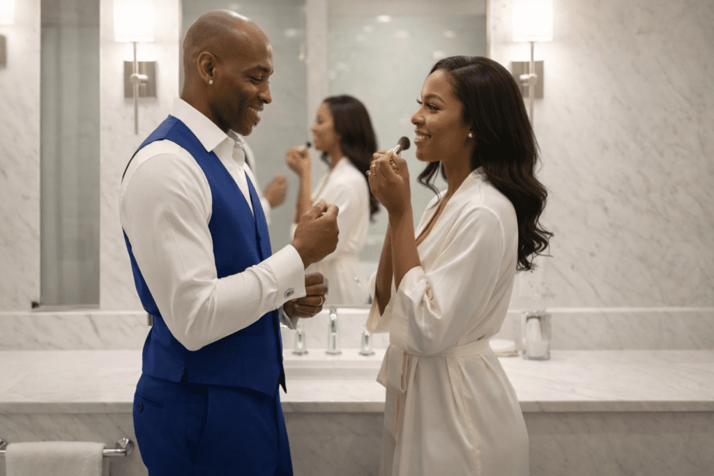 Peter and his wife sharing a quiet moment together in a bright marble bathroom