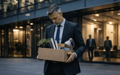 “Business executive standing outside a modern office building holding a box of personal belongings after being relieved of his job.”
