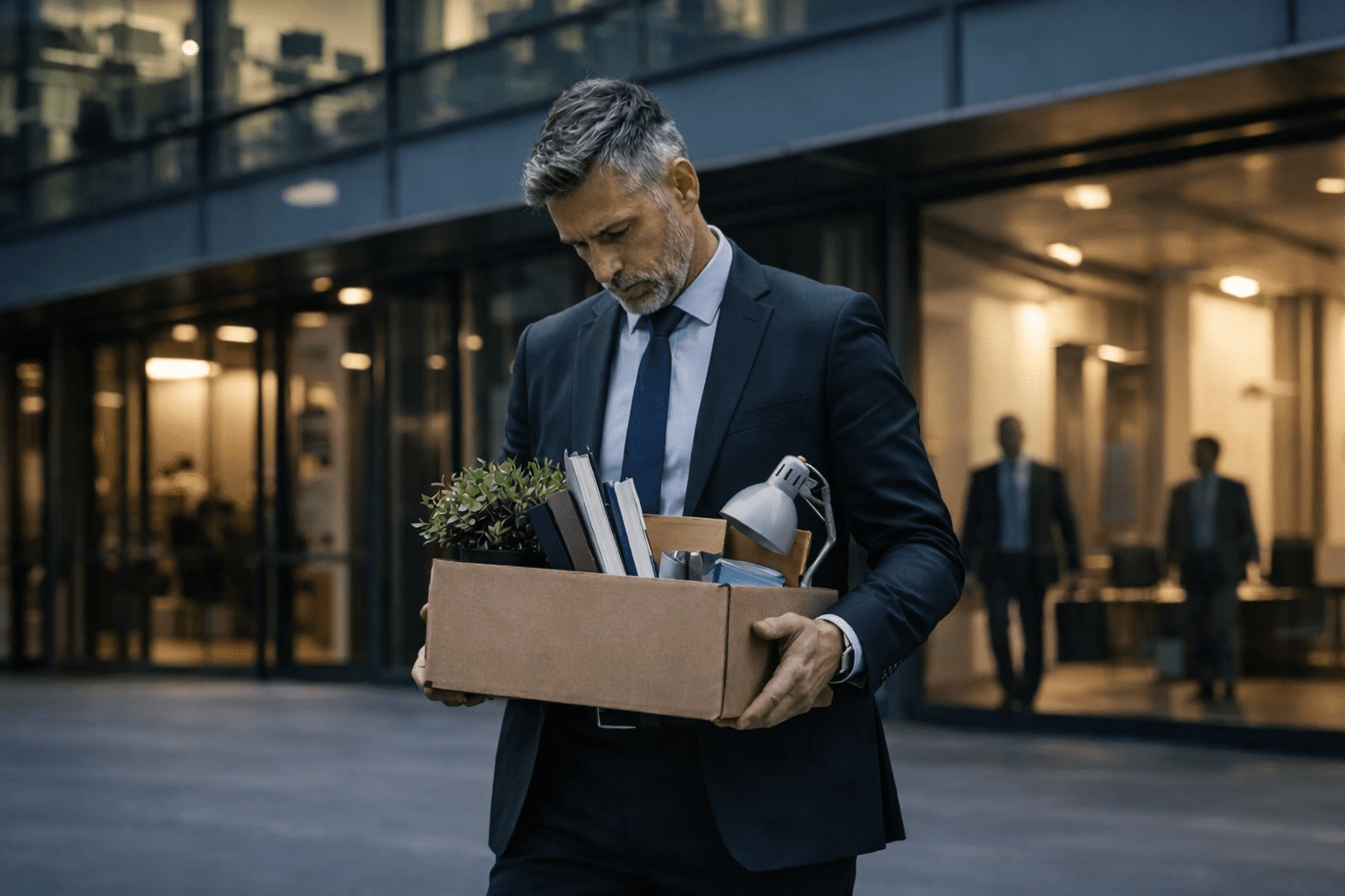 “Business executive standing outside a modern office building holding a box of personal belongings after being relieved of his job.”