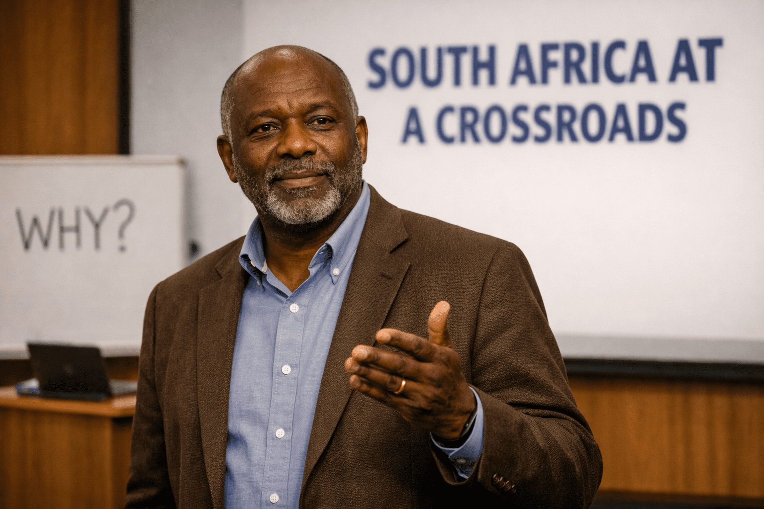 A close‑up of Professor Wole speaking on stage in a South African university lecture hall, gesturing as he explains the theme “South Africa at a Crossroads,” with the word “WHY?” visible on a whiteboard behind him.