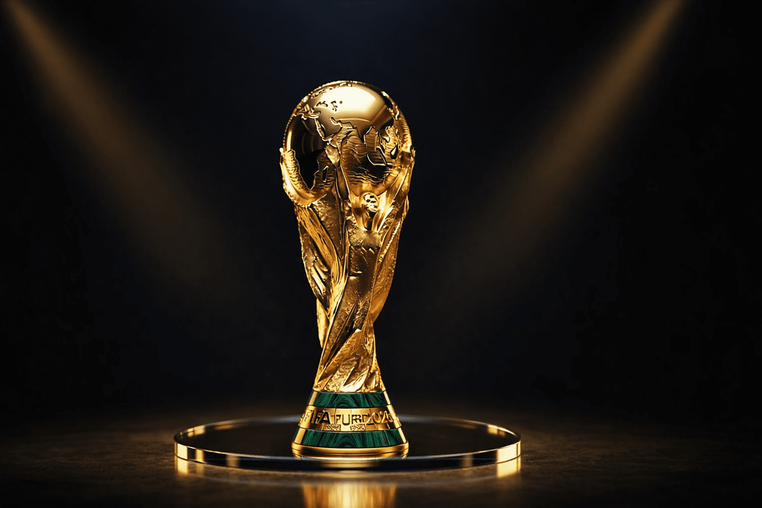 A golden FIFA World Cup trophy standing on a reflective pedestal under dramatic lighting, representing Africa’s first World Cup and the continent’s shared sense of pride and visibility.