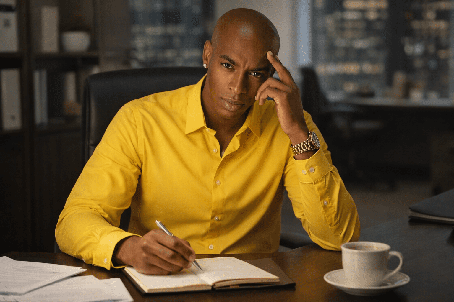 Peter thinking about how to pay £14,000 for sponsorship while seated at his desk in his UK home