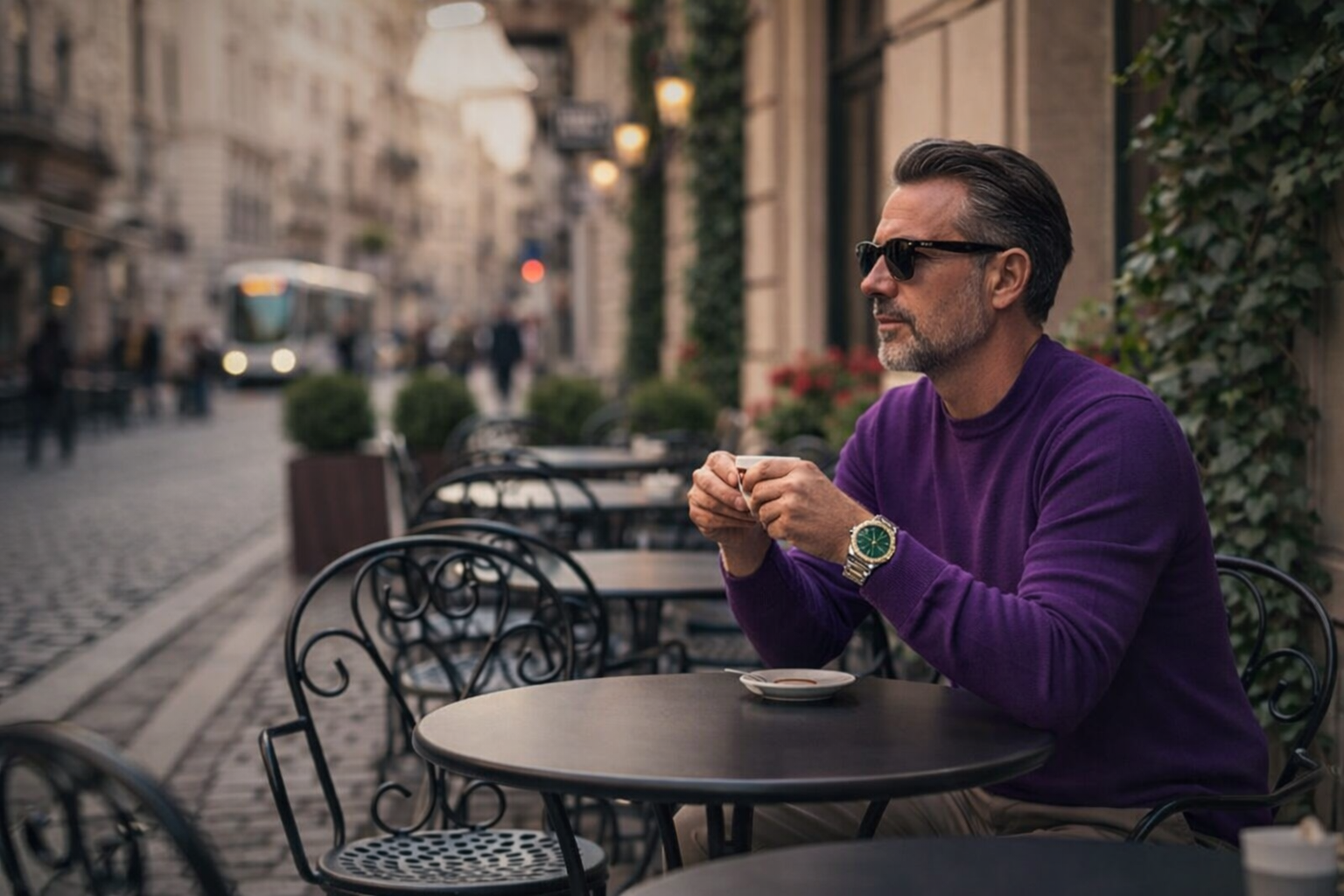 British neighbour seated at an outdoor café on a cobblestone street in a European city, wearing a purple sweater and sunglasses, holding a cup of coffee at a wrought‑iron table with pedestrians and a tram visible in the background.