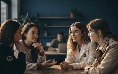 A group of students sits around a wooden table in a warm café setting, engaged in a thoughtful discussion about whether artificial intelligence can understand and respond to human emotions. Natural light fills the room as they lean in with attentive expressions, creating a scene of collaborative learning and reflective conversation.