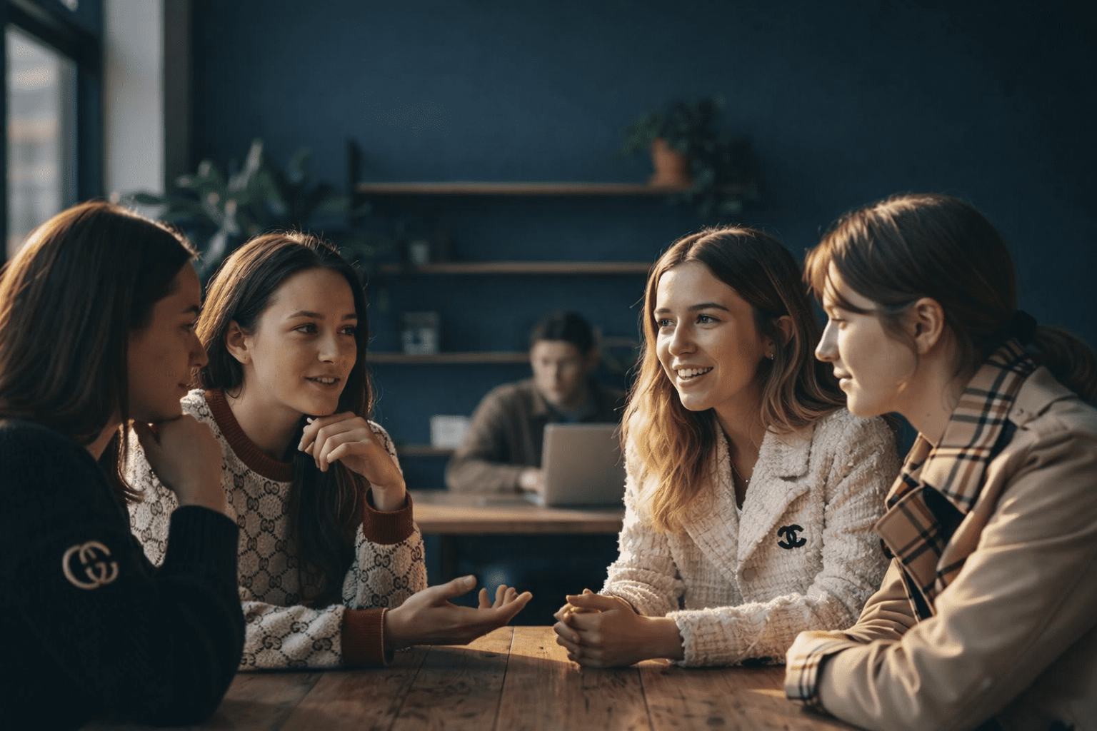 A group of students sits around a wooden table in a warm café setting, engaged in a thoughtful discussion about whether artificial intelligence can understand and respond to human emotions. Natural light fills the room as they lean in with attentive expressions, creating a scene of collaborative learning and reflective conversation.