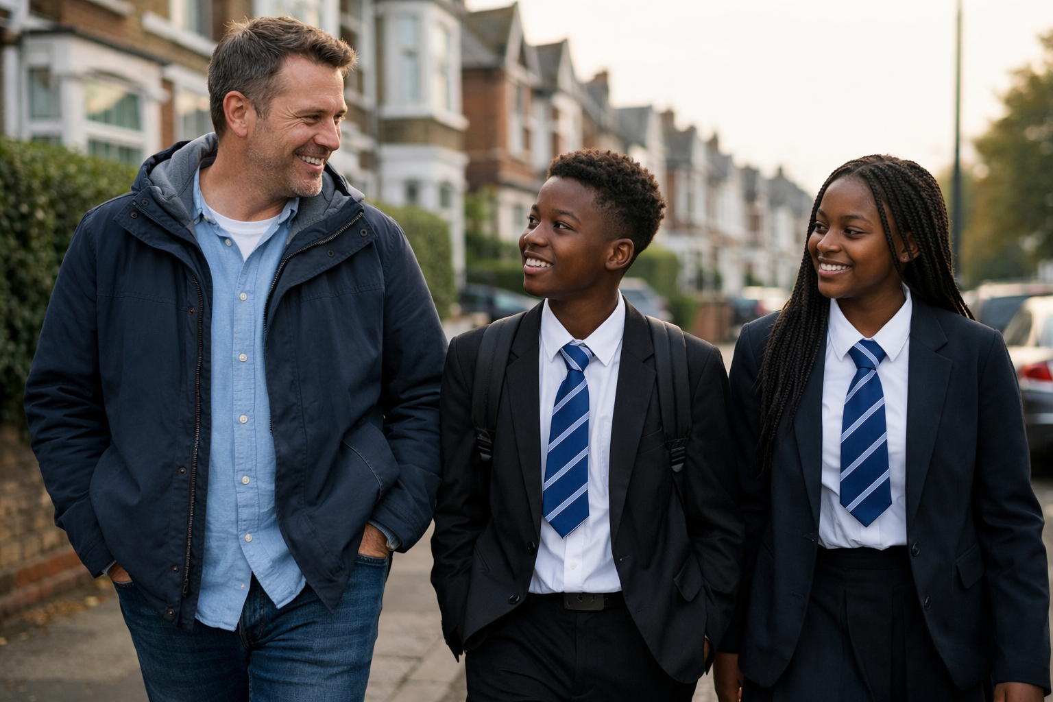 A neighbour walking home with two Black British schoolchildren after school, reflecting themes of identity, belonging and multicultural Britain.