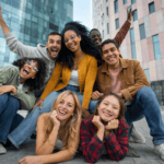 A group of young adults from minority ethnic communities in the United Kingdom gathered together in a modern urban setting, smiling and posing closely to convey friendship and belonging.