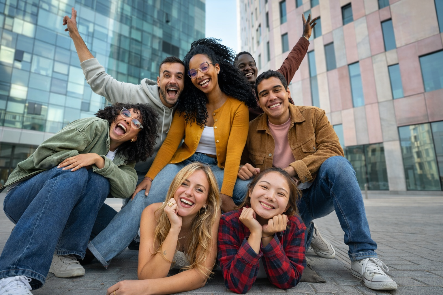 A group of young adults from minority ethnic communities in the United Kingdom gathered together in a modern urban setting, smiling and posing closely to convey friendship and belonging.