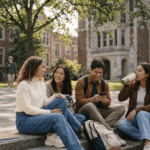 Illustration of diverse young people from different ethnic backgrounds talking on a university campus, representing Africa's demographic growth, cultural diversity, and global interconnectedness in 2100.