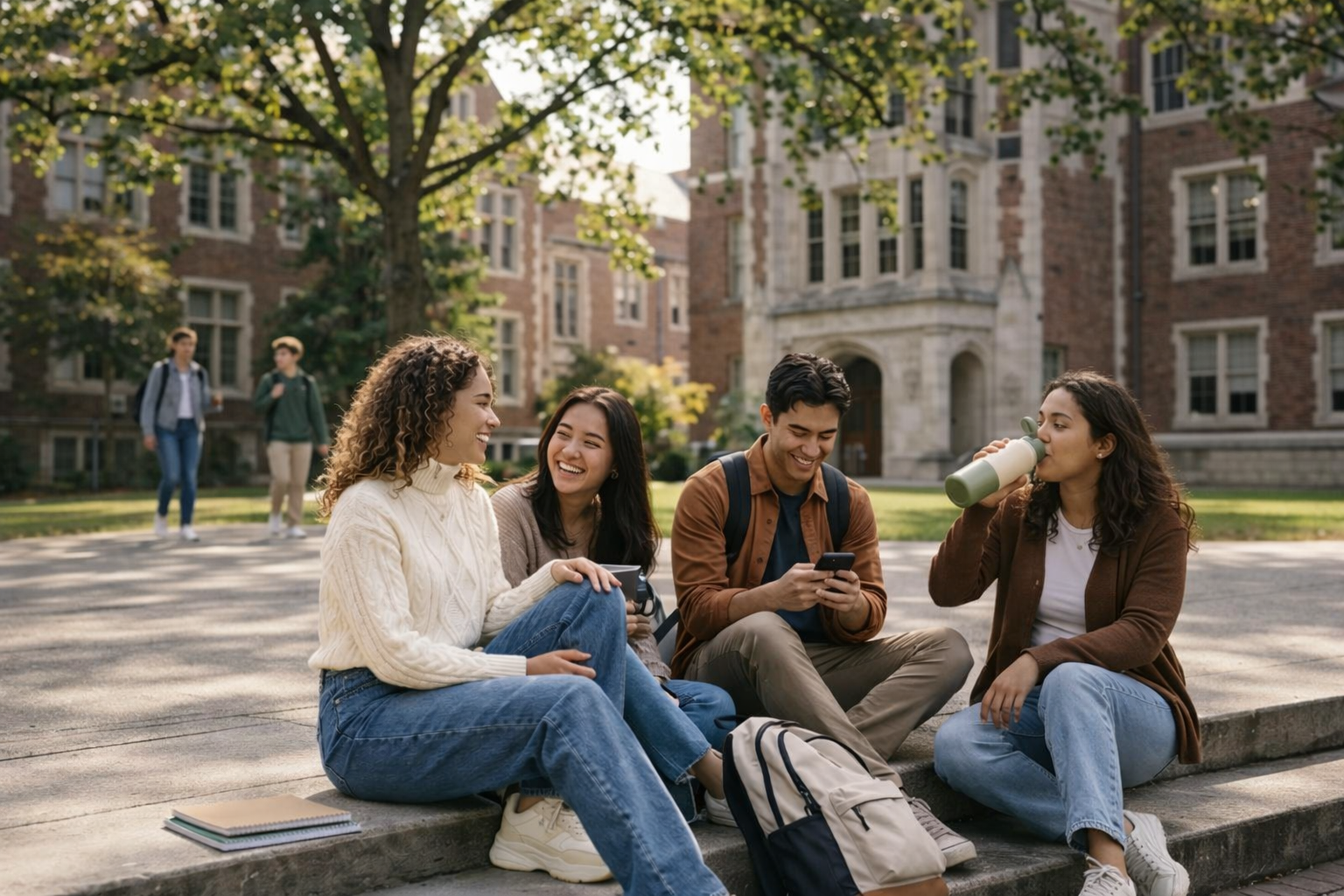 Illustration of diverse young people from different ethnic backgrounds talking on a university campus, representing Africa's demographic growth, cultural diversity, and global interconnectedness in 2100.