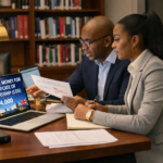 Two individuals, Sola and Petter, sit together at a wooden table in their UK home, discussing strategies to raise £14,000 for a Certificate of Sponsorship (COS). A laptop on the table displays the fundraising goal, surrounded by notes and documents.