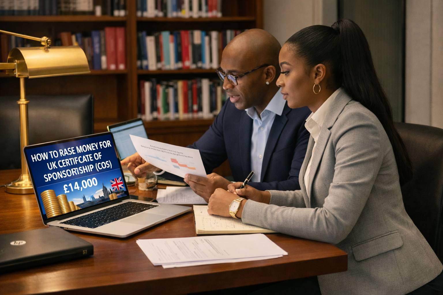 Two individuals, Sola and Petter, sit together at a wooden table in their UK home, discussing strategies to raise £14,000 for a Certificate of Sponsorship (COS). A laptop on the table displays the fundraising goal, surrounded by notes and documents.