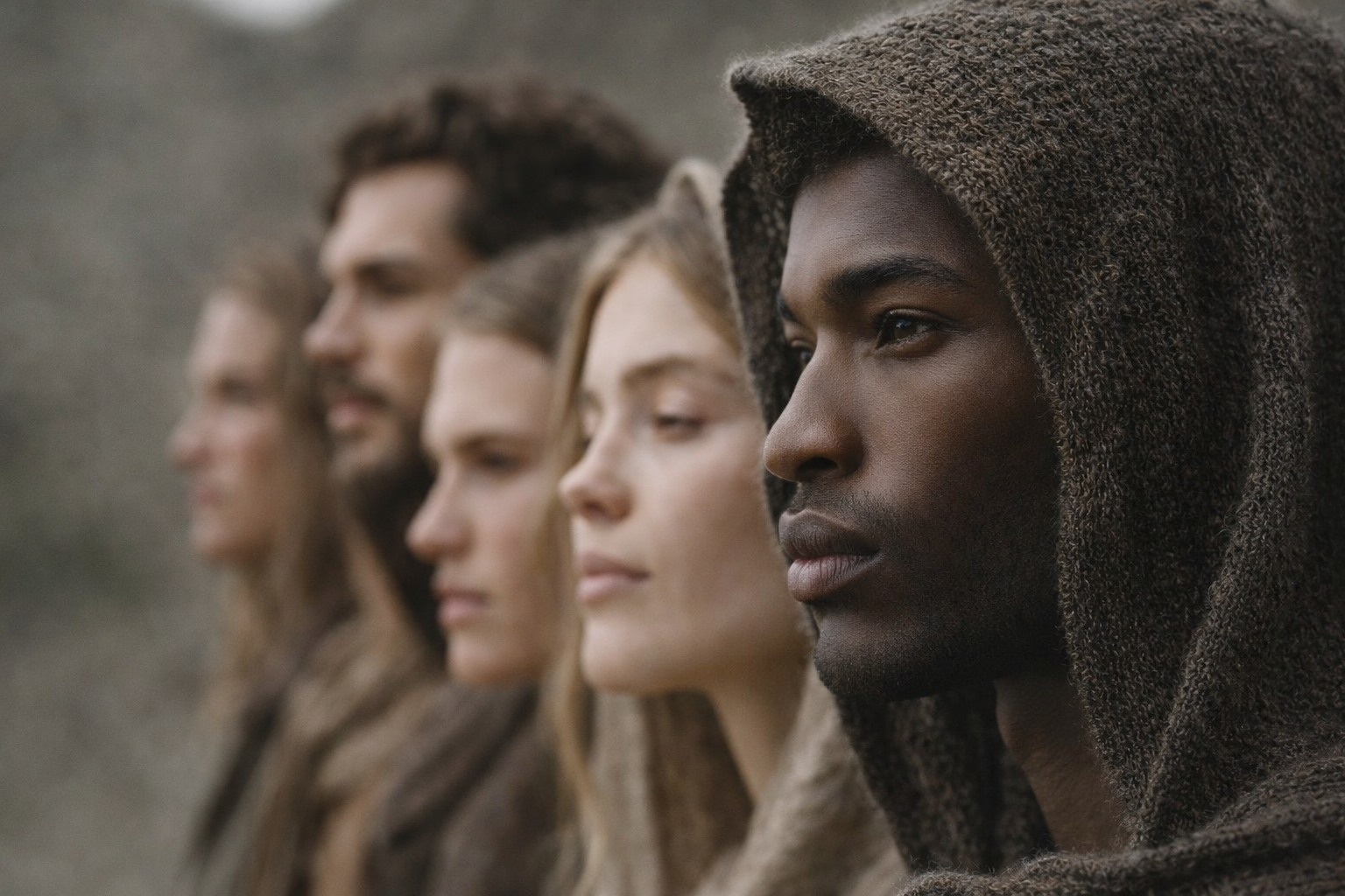 A group of people from different races walking together in quiet reflection, dressed in simple earth toned garments, moving toward modern Israel as part of a spiritual pilgrimage. The scene suggests unity, prayer and a shared longing for peace in a place held sacred by many.