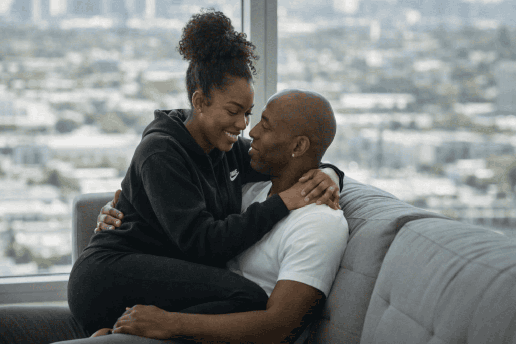 Sola and Peter sit closely on a light grey couch in their UK living room, with soft daylight streaming through a large window behind them. The scene captures warmth and affection as they share a relaxed, intimate moment.