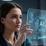 Professional woman interacting with a futuristic transparent AI interface in a modern office setting