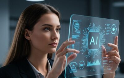 Professional woman interacting with a futuristic transparent AI interface in a modern office setting