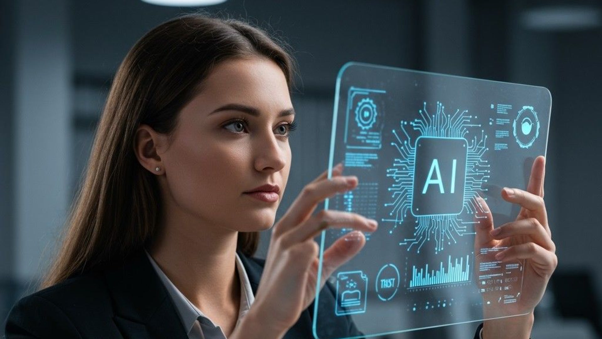 Professional woman interacting with a futuristic transparent AI interface in a modern office setting