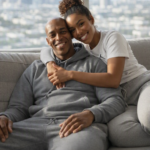 Sola and Peter sitting together in their UK home, relaxed on a sofa with natural light streaming through the window. The scene conveys warmth, companionship, and everyday life.