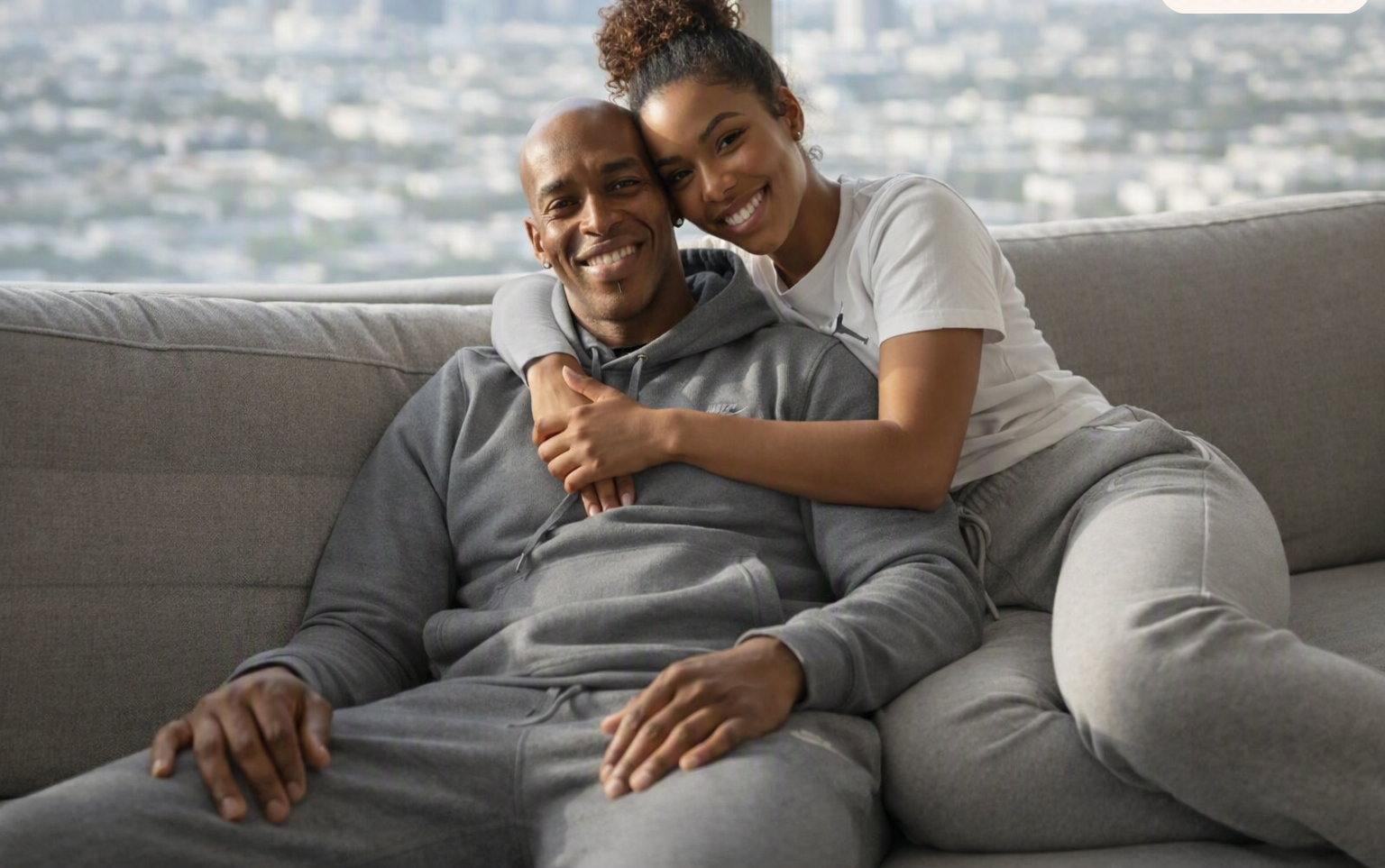 Sola and Peter sitting together in their UK home, relaxed on a sofa with natural light streaming through the window. The scene conveys warmth, companionship, and everyday life.