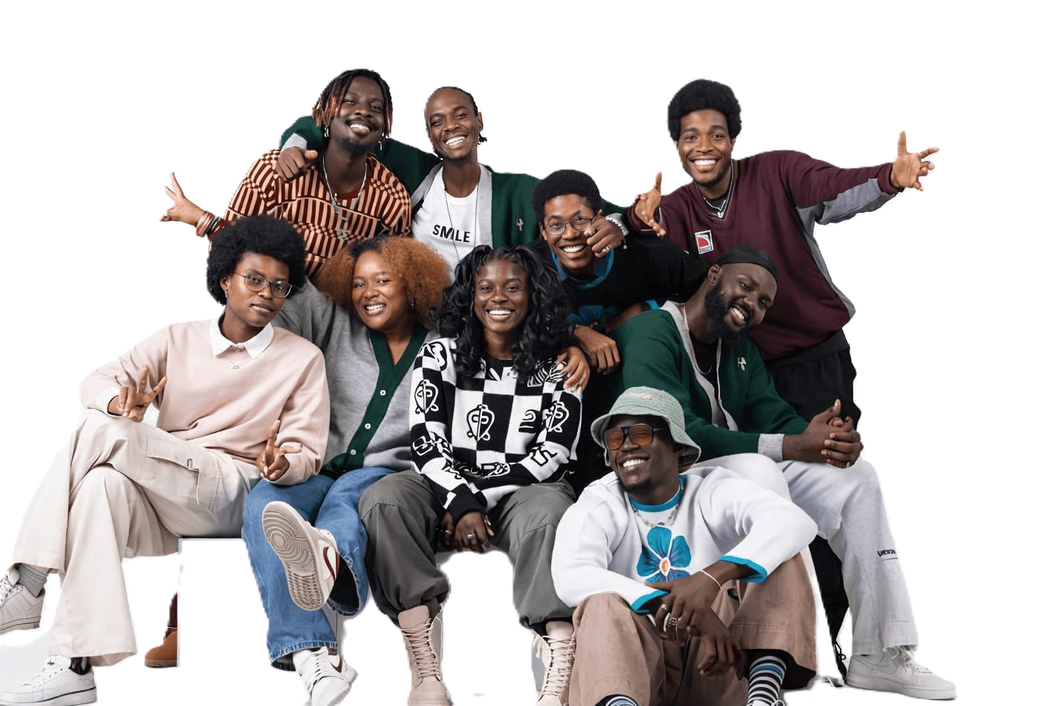 Group portrait of young Black professionals and innovators from West Africa posing together and smiling