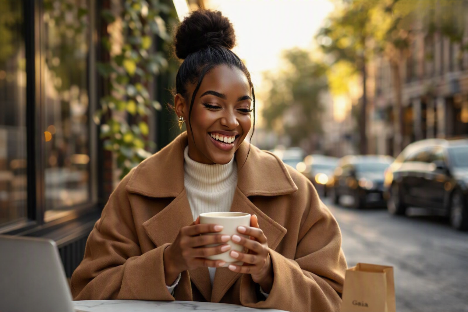 Girl drinking hot chocolate at a street café