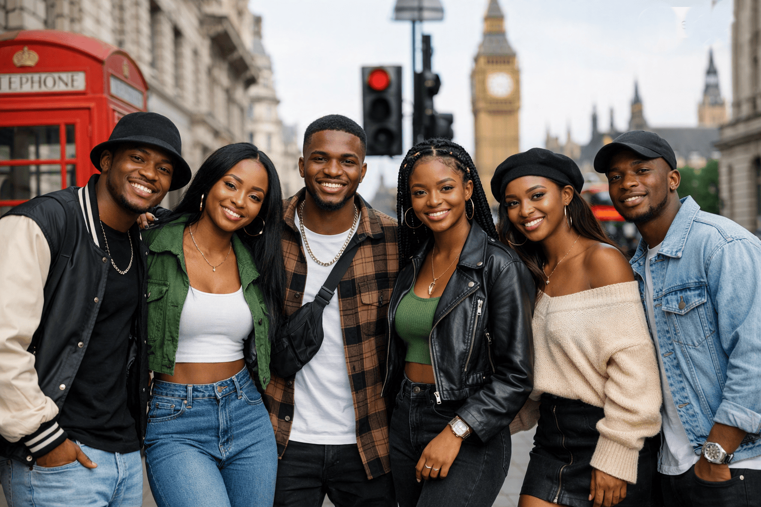 Nigerian youths in modern lifestyle fashion posing together on a London street with iconic landmarks in the background.