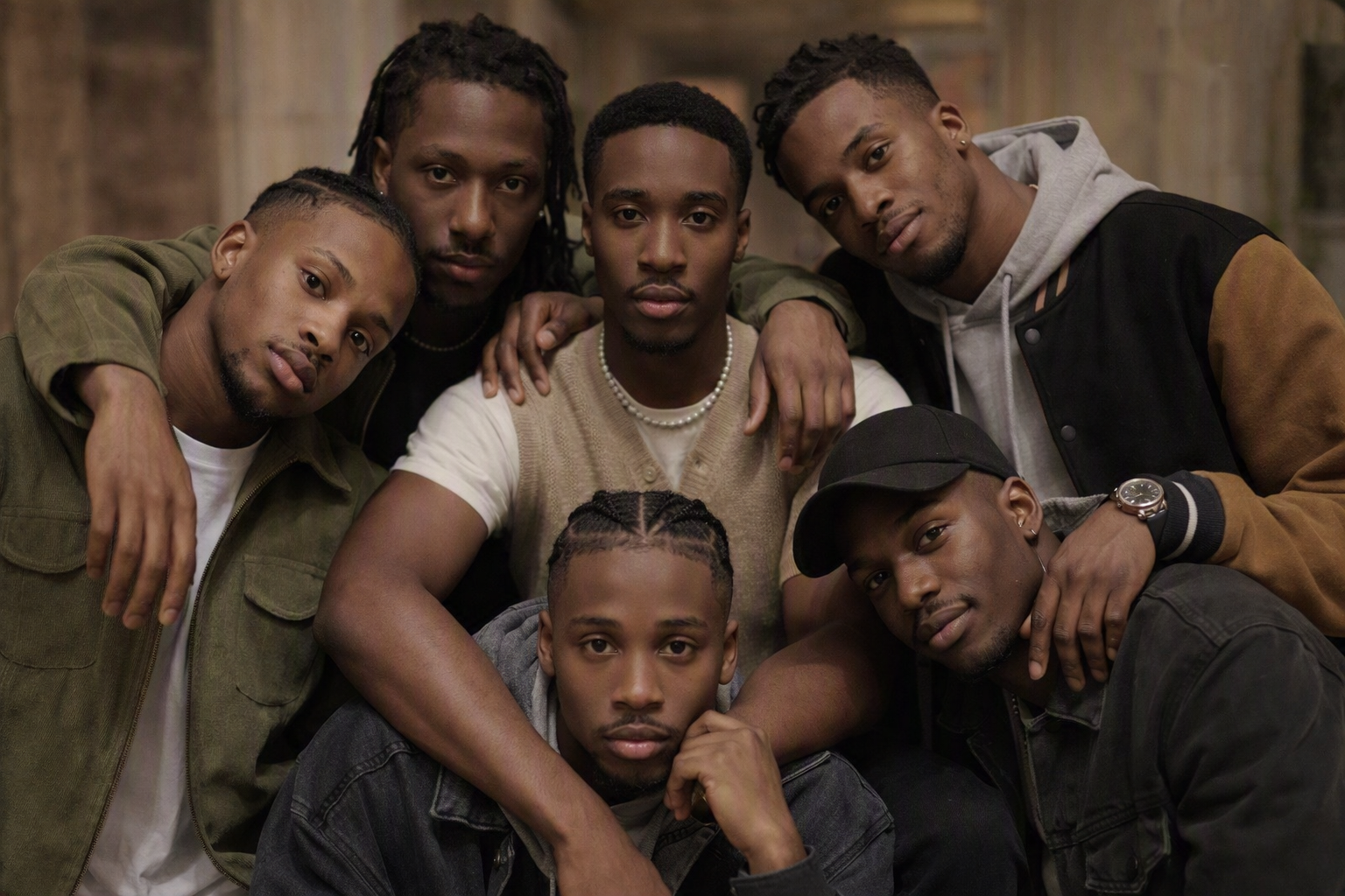 Six Nigerian youths posed together in modern fashion, symbolising brotherhood, mentorship and the collective strength of African manhood.