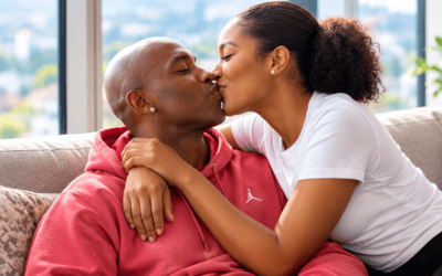 Peter and Sola sharing a tender moment in their living room