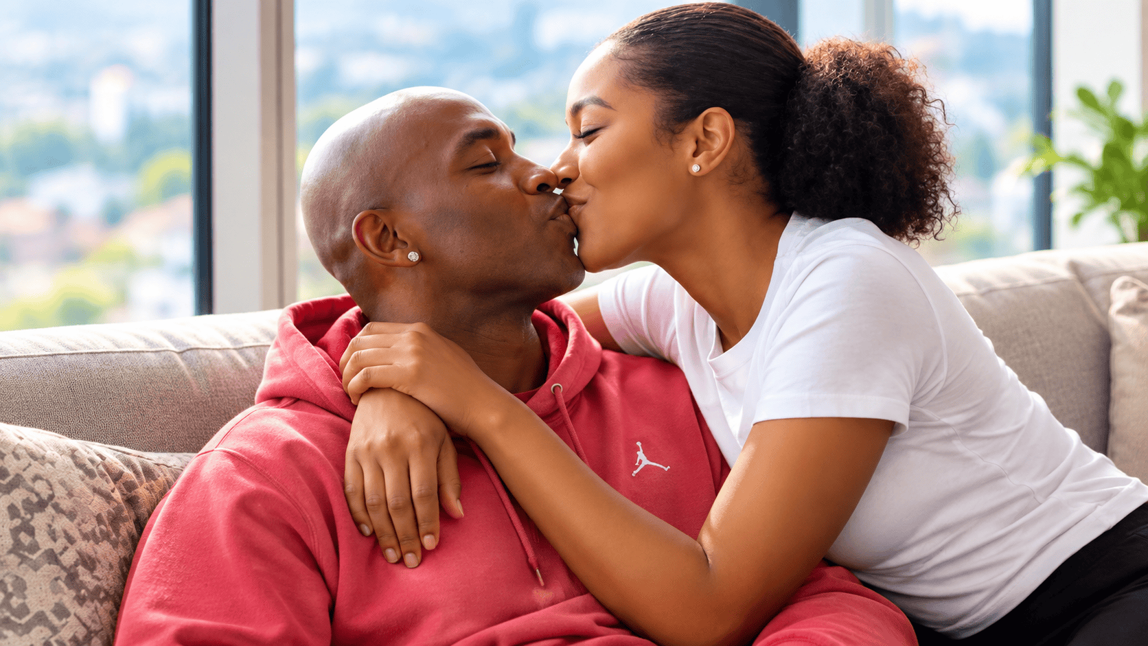 Peter and Sola sharing a tender moment in their living room