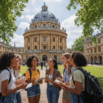 Six international students stand in front of the Radcliffe Camera at the University of Oxford, symbolising global education and collaboration. Caption: International students at Oxford — a visual reflection of Britain’s shifting higher education landscape.