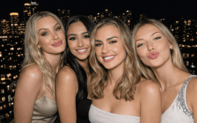 Four Latvian women posing together at night with a city skyline in the background, dressed in modern, elegant clothing.