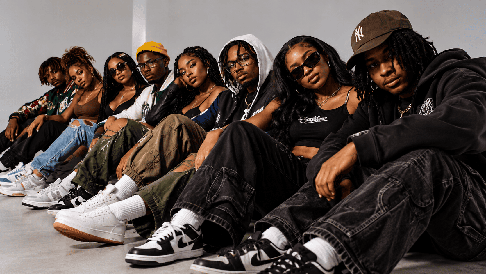 Group of young Black people seated together in a modern studio, wearing contemporary streetwear and sneakers.