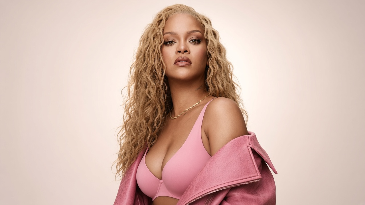Rihanna posing in a soft pink outfit against a neutral background, styled with long blonde waves and a relaxed, confident expression.