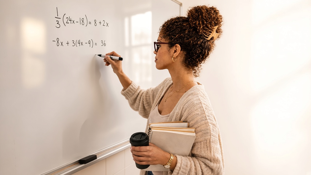A young teacher in a UK classroom explaining algebraic equations on a whiteboard while holding a notebook and coffee cup.