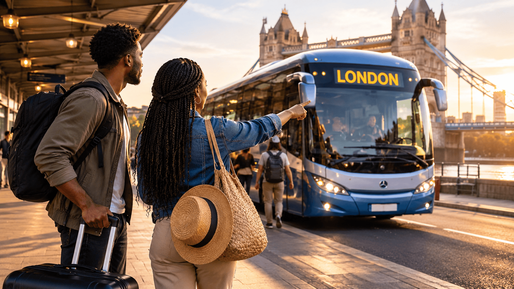 Black African travellers waiting for a London bus