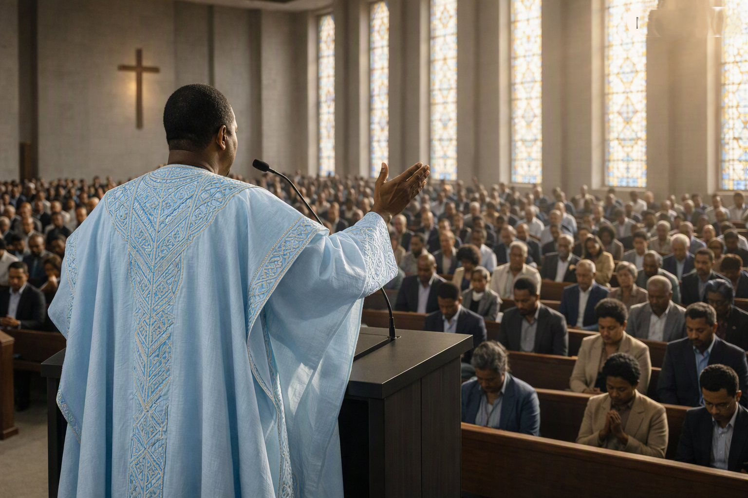 A pastor in light blue agbada prays for his congregation in a modern church filled with worshippers of diverse backgrounds, symbolising unity and faith.