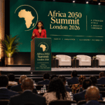 Ola Aina speaking at the Africa 2050 Summit London 2026 from the main podium during a leadership and economic development conference.