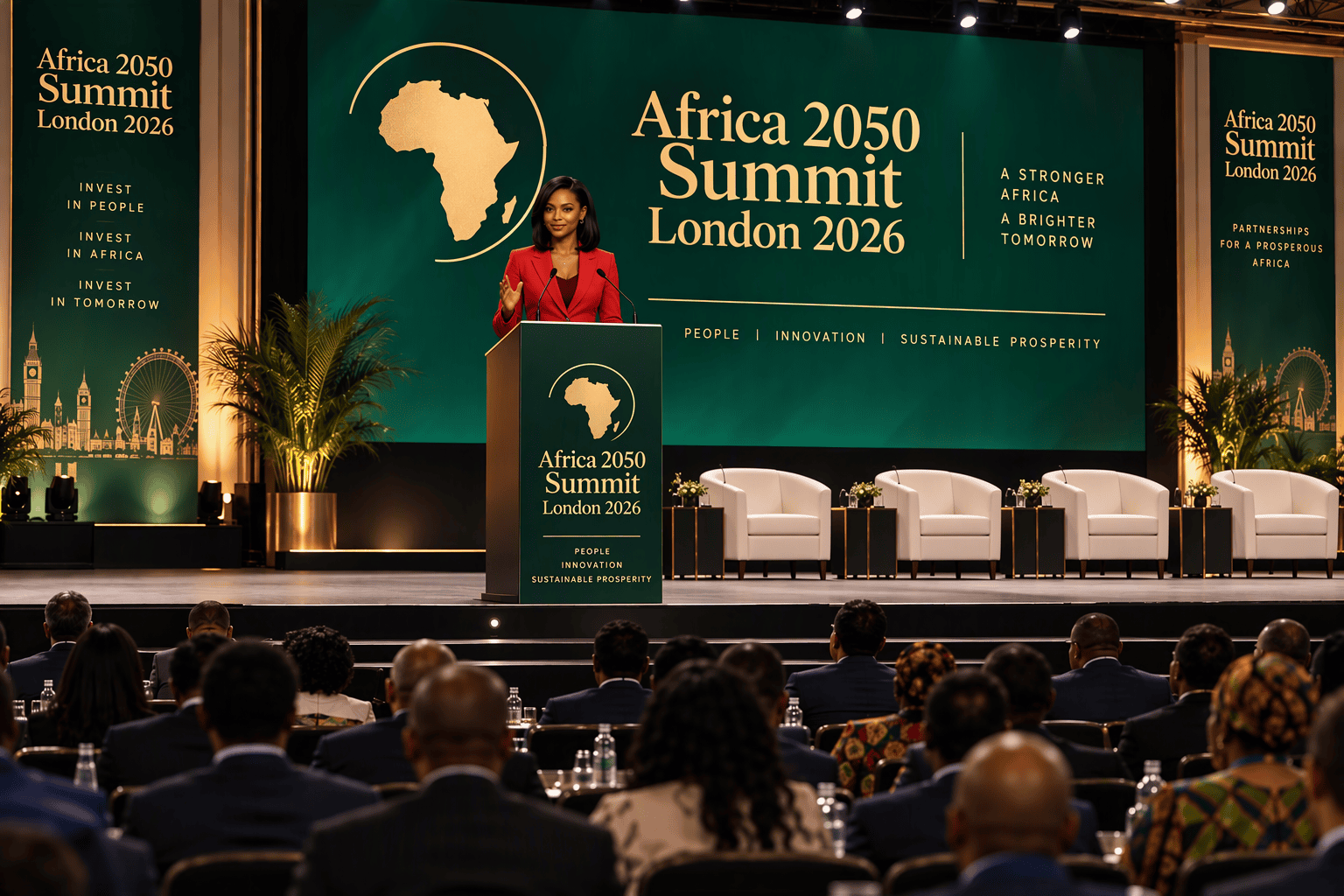 Ola Aina speaking at the Africa 2050 Summit London 2026 from the main podium during a leadership and economic development conference.