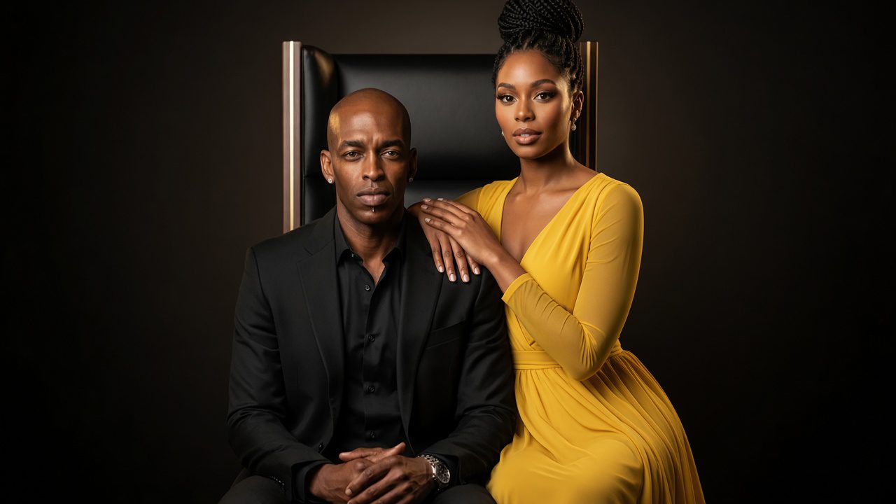 Sola and Peter pose together in a dramatic studio portrait, with Sola standing in a flowing yellow dress and Peter seated in a black suit.