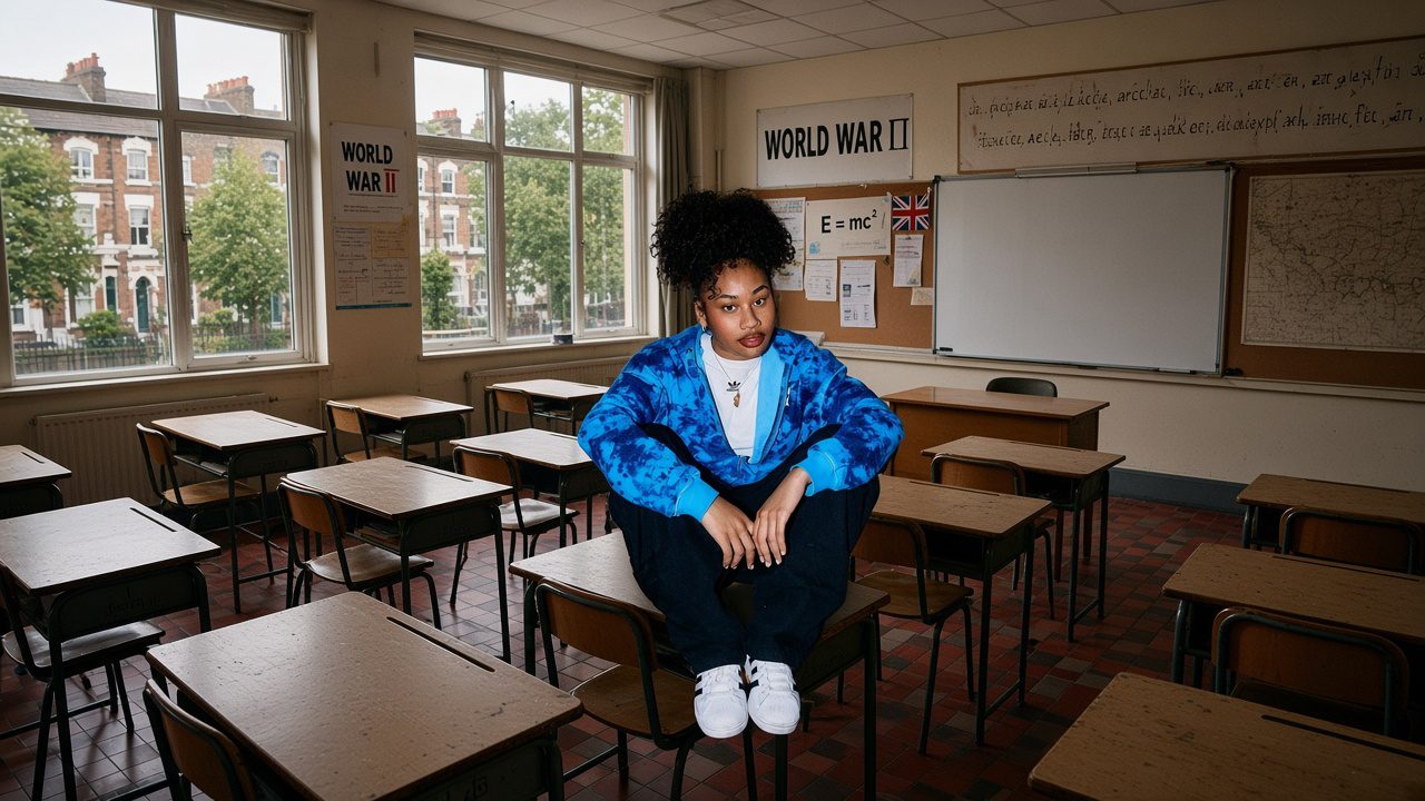 A young student sitting alone in an empty London classroom, illustrating falling school enrolment and concerns about families leaving the capital.