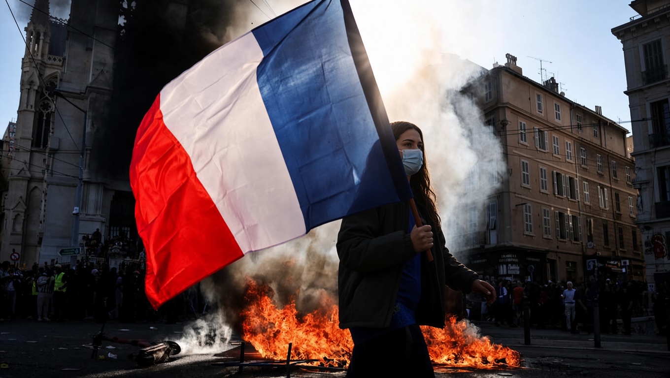 A masked protester holds a large French flag aloft while fires burn in the street behind them. Smoke rises through a dense crowd gathered in an urban square, capturing the tension and urgency of recent demonstrations in France over rising living costs and deteriorating school conditions.