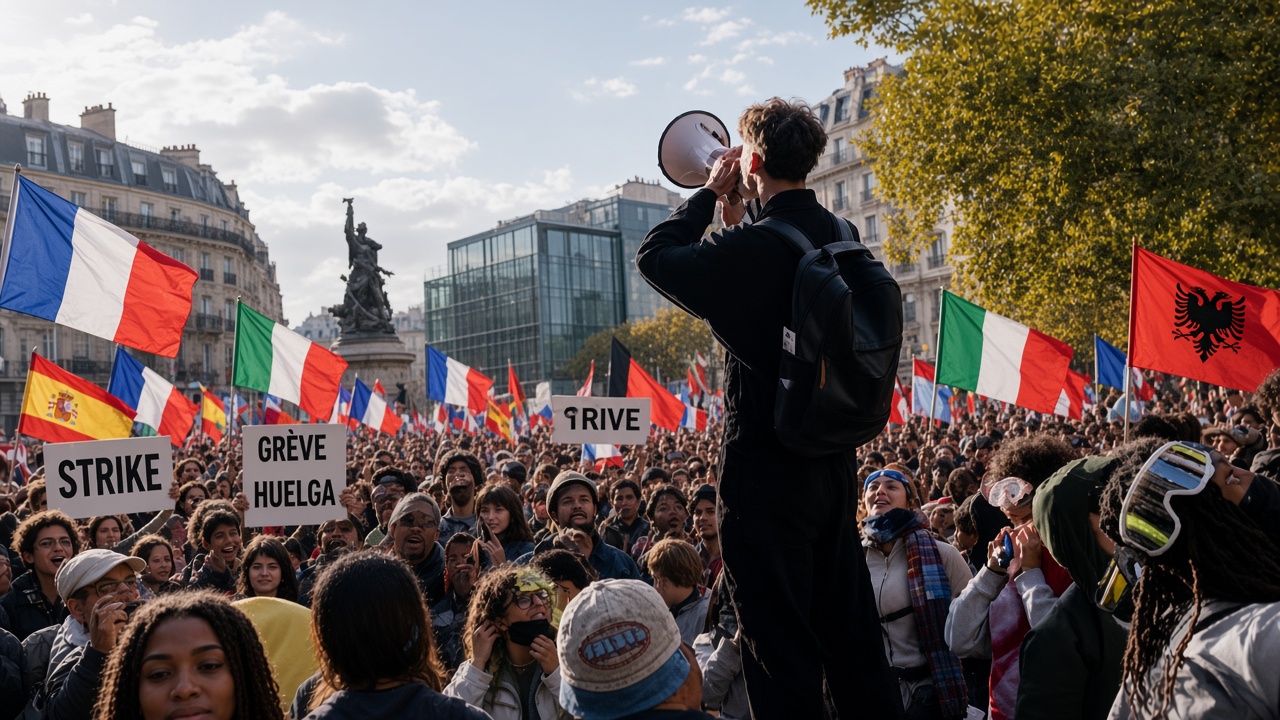 Young man with megaphone addressing a large diverse crowd of protesters in a European city square, holding signs reading “STRIKE”, “GRÈVE” and “HUELGA”, with French, Italian, Spanish and Albanian flags waving under sunny autumn light.