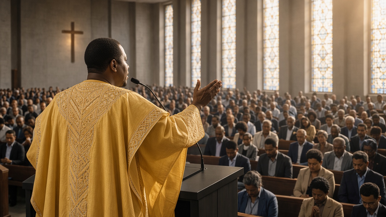 A congregation gathered inside a grand cathedral listens as a robed minister speaks from the pulpit beneath tall stained glass windows