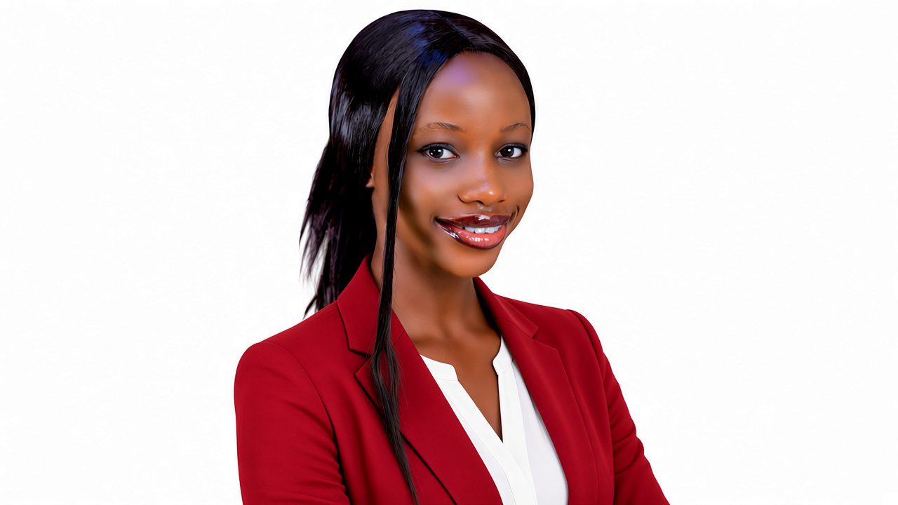 Professional headshot of Chidinma Kalu, a TCMP intern, smiling in a red blazer and white blouse against a white background Title