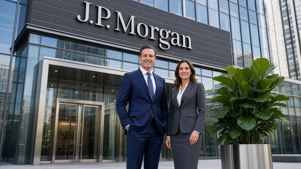 Two business executives standing in front of the J P Morgan building in a modern corporate setting