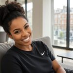 Sola, a smiling Black woman with curly hair in a high bun, wearing a black Nike t-shirt, reclining on a grey sofa in her bright modern UK flat living room with large windows overlooking London terraced houses.
