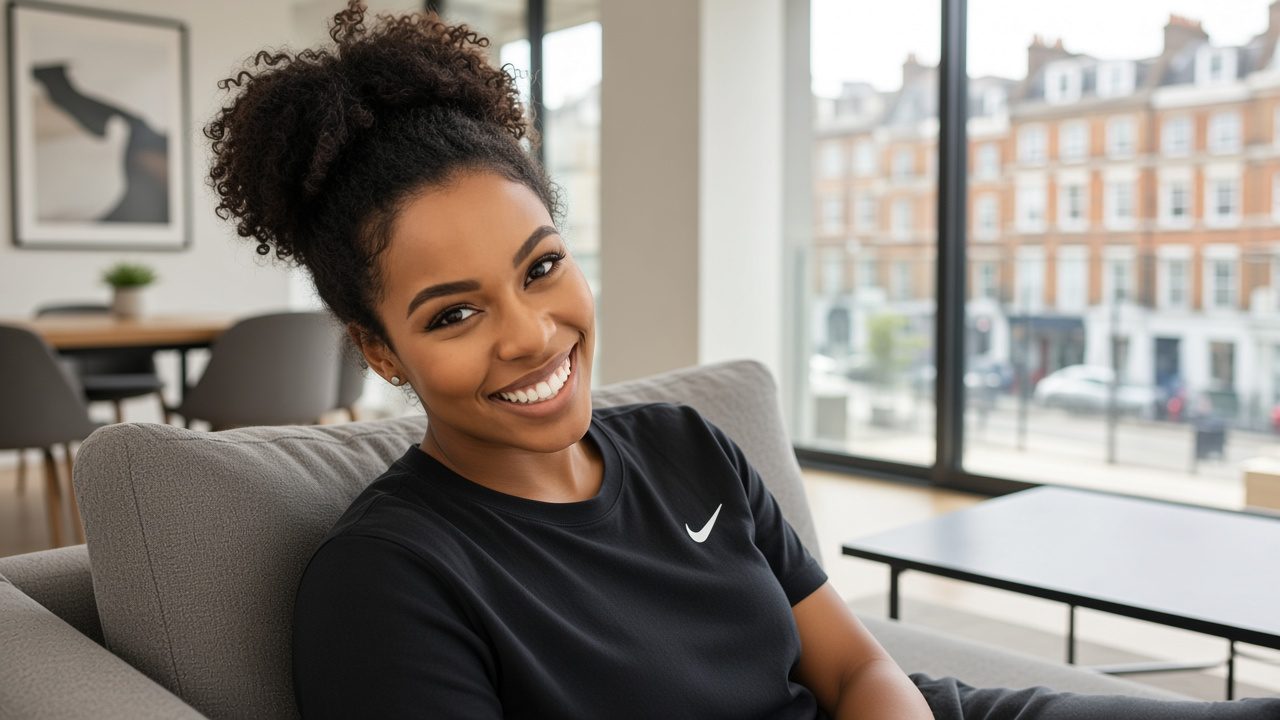 Sola, a smiling Black woman with curly hair in a high bun, wearing a black Nike t-shirt, reclining on a grey sofa in her bright modern UK flat living room with large windows overlooking London terraced houses.