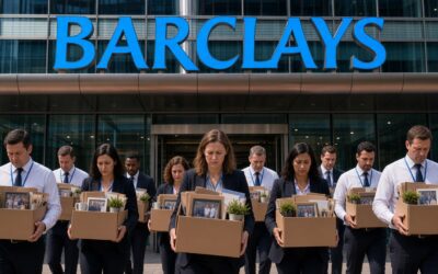 Diverse group of young male and female bank employees (white, Black and brown) carrying cardboard boxes of personal belongings as they exit a modern Barclays building after being laid of